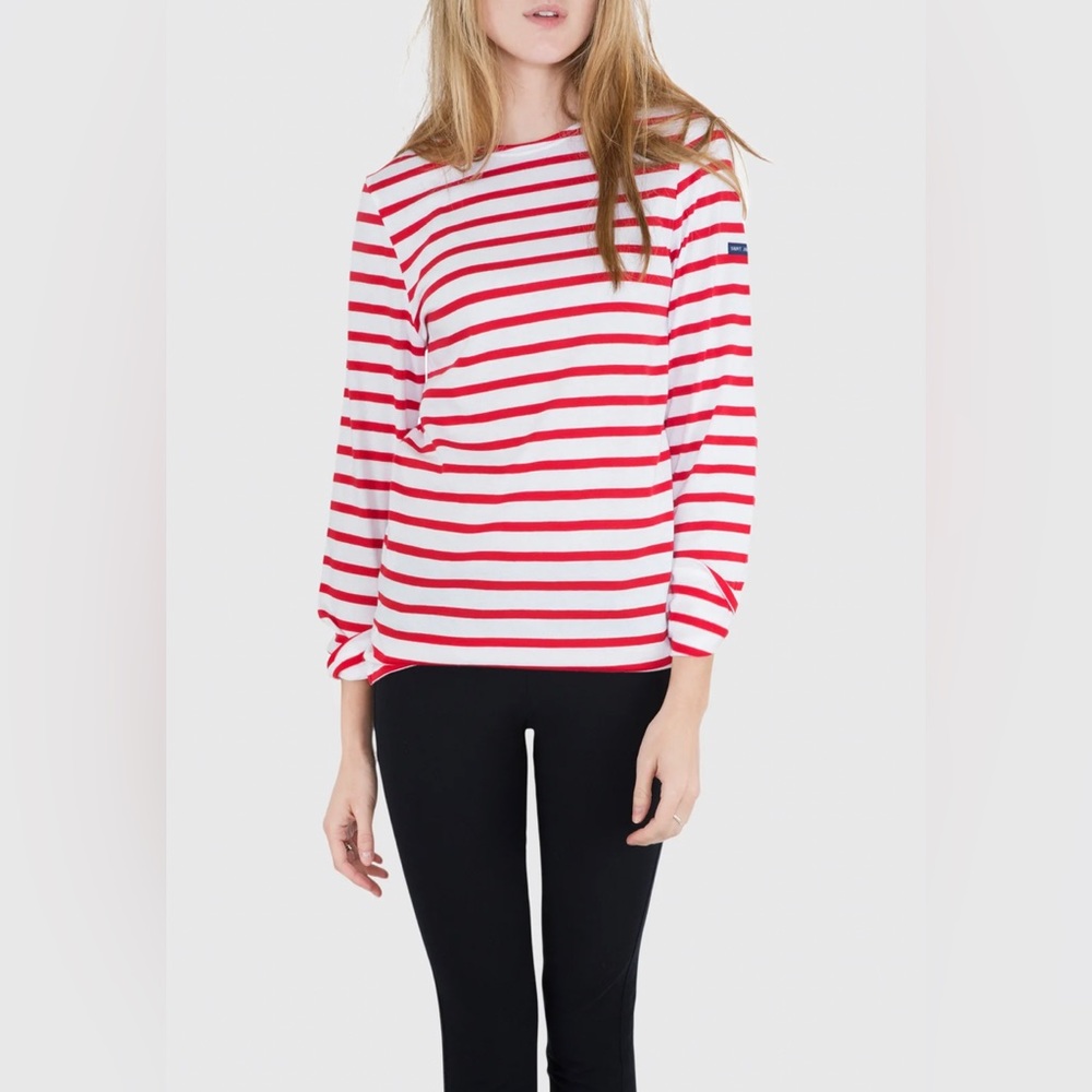 Saint James Minquiers Long-Sleeved Tee in Red/White Stripe (Niege/Tulip)